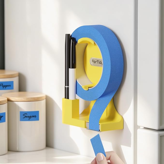 ForTidy Magnetic Masking Tape Holder, Painter's Tape Dispenser, Yellow | Removable Label System, Cutter Pen Holder, For Home Kitchen, Office, Fridge, Garbage, School (Tape and Pen Not Included)