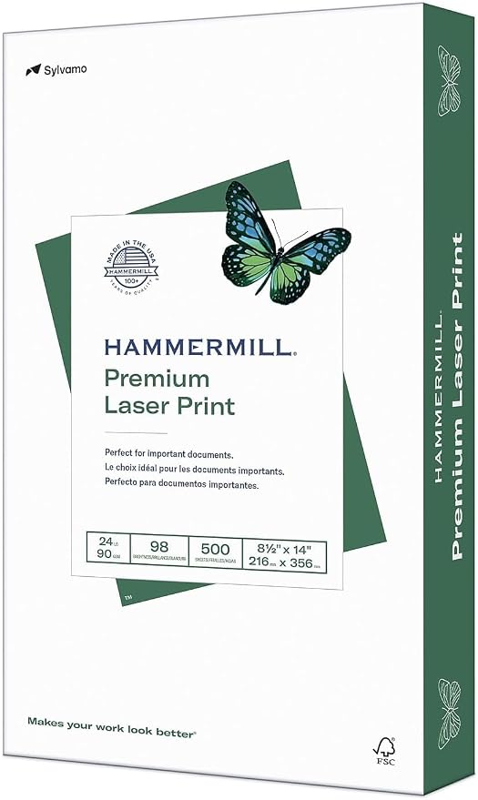 Hammermill Printer Paper,Premium Laser Print 24 lb,8.5 x 14-1 Ream (500 Sheets) - 98 Bright,Made in the USA,104612,(Pack of 10)