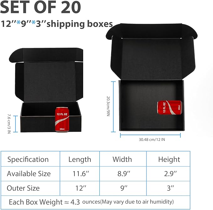Small Shipping Boxes 12x9x3 Inches – Black Corrugated Cardboard Boxes (20-Pack) for Mailing, Packing, Small Business & Gift Packaging - Recyclable & Sturdy