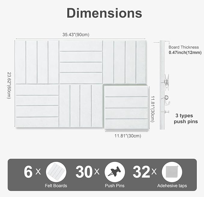 0.47" Thick Felt Wall Tiles 36"x24" Cork Board Alternative 6 Pack 11.81"x11.81"Felt Bulletin Board Pin Board with Removable Adhesive Tape&30 Pushpins for Home Office School(Bold-White)