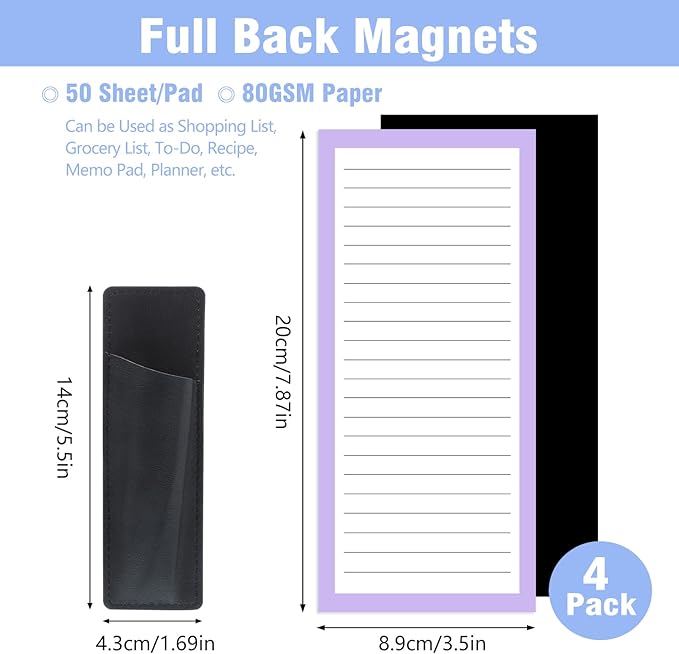 4 Pack Magnetic Note Pad for Fridge with Pen Holder, Totally 200 Sheets Magnetic To Do List, Grocery List, Shopping List, Memo Pads for Refrigerator（Light Color）