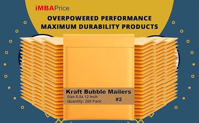 iMBAPrice Kraft Bubble Mailers 8.5x12 Inch, 200-Pack | #2 Self-Sealing Yellow Padded Envelopes for Shipping Books, Documents, Electronics & Small Business Packaging
