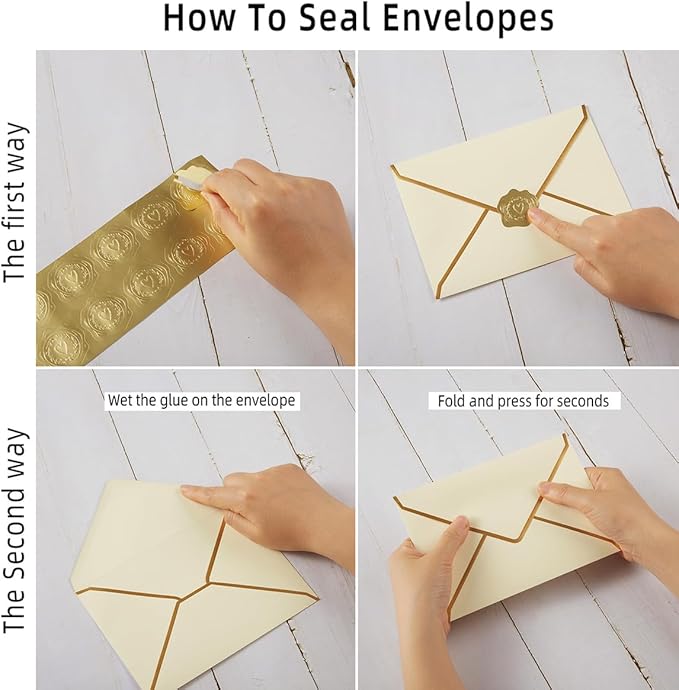 50 Pieces A4 Envelopes with Gold Border, 4.25 x 6.25 Inches Envelopes with Gold Stickers for Greeting Cards and Invitation (Cream Color, A4-4x6)