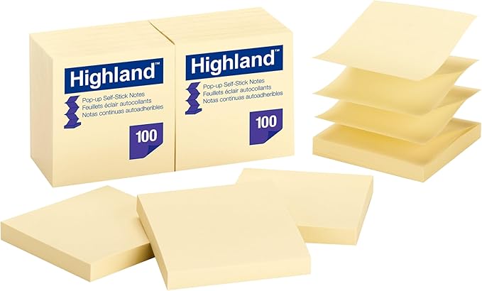 Highland Pop-up Sticky Notes, 3 x 3 Inches, Yellow, 12 Pack (6549-PUY)