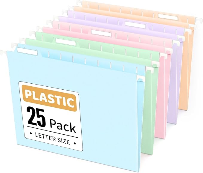 Sooez Tear-Resistant Plastic Hanging File Folders Letter Size, 25 Count File Organizer Suitable for File Cabinet Filing Cabinets, 1/5-cut Adjustable Tabs for Office, School, Pastels Colors, Blue