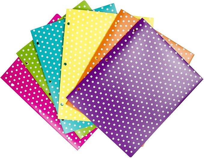 JAM PAPER Plastic Color POP Folders - 2 Pocket Durable Folders with 3 Hole Punch - Assorted Polka Dot Colors - 6/Pack