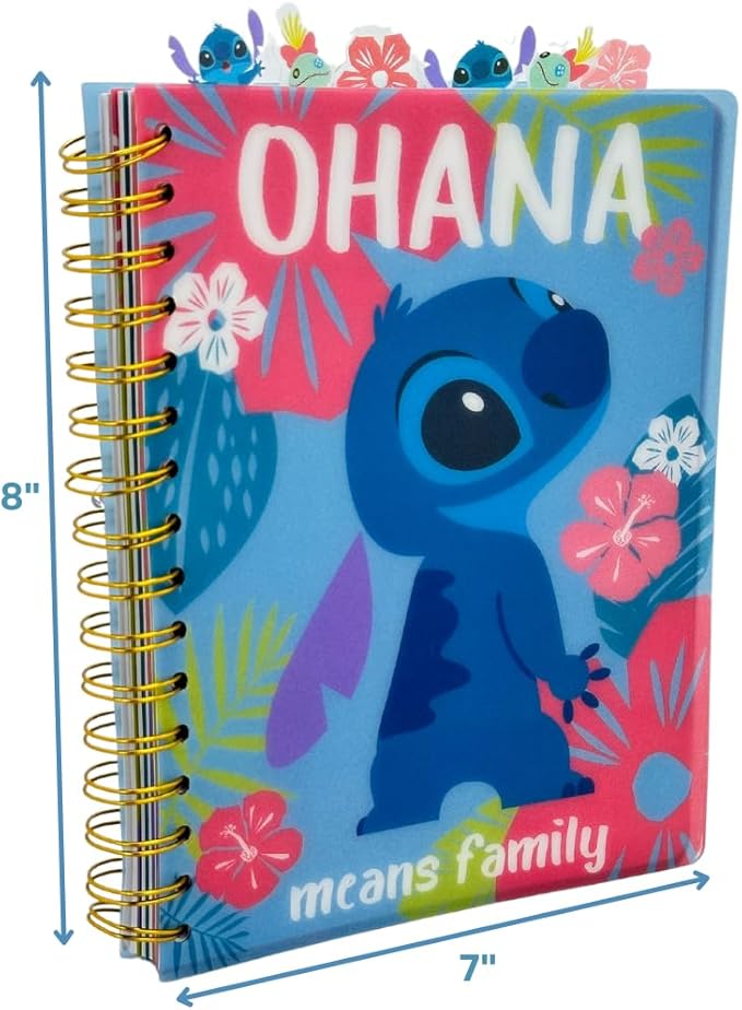 Disney Stitch Tab Journal Notebook "Ohana" Spiral Bound, 144 Lined Pages, 8 x 7 inches, Blue