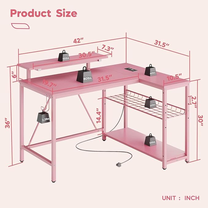 Bestier 42-Inch Pink L-Shaped Gaming Desk with Charging & LED | Charging 2AC+USB+Type-C, RGB LED 20 Colors/22 Modes, Reversible Shelves, Carbon Fiber Texture, Headset Hook, Small Space