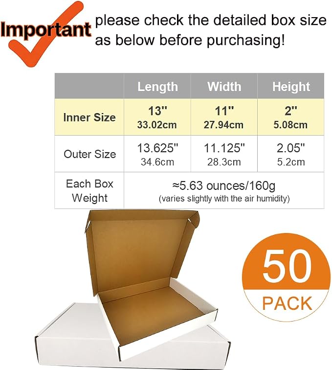 50 Pack 13x11x2'' Small Shipping Boxes, Corrugated Cardboard Mailers for Business, White (CM13112)