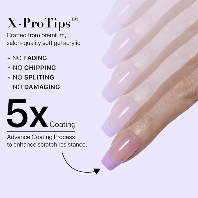 SXC Cosmetics French Tip Press On Nails 150 Pieces in 15 Sizes Ultra Fit with Pre-applied Tip Primer and Base Coat, No Need to File Fake Nails for Nail Art DIY X-Pro Tips (5PURPLE119-S Coffin)