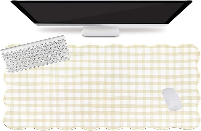 L-SPOUTTO Beige Checkered Mouse Pad,Scalloped Desk Mat XXL Gaming Mousepad | Cottagecore Gingham 35.4x15.7in Large Non-Slip Base Keyboard Pad Waterproof Desktop Mat for Laptop Computer Game Home Office