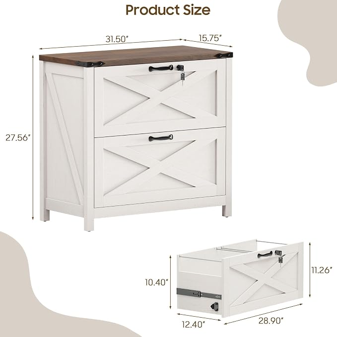 Halitaa Farmhouse Lateral File Cabinet with 2 Drawers, White and Brown | Lateral Filing Cabinet with Lock for Letter/A4/Legal Size, Large Wood File Storage Cabinet Printer Stand for Home Office