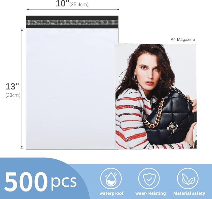 Metronic Poly Mailers 10x13 500 Pack Bulk Small Shipping Bags for Business | Durable Self Seal Shipping Envelopes for Clothes Waterproof Mailers Poly Bags Packaging Mailing Bags for Online Sellers White
