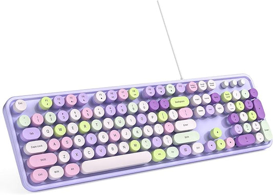 Computer Keyboard Wired, Plug and Play USB Retro Round Typewriter Keyboard, Full Size Wired Keyboard with Foldable Stands for Laptop and Office PC