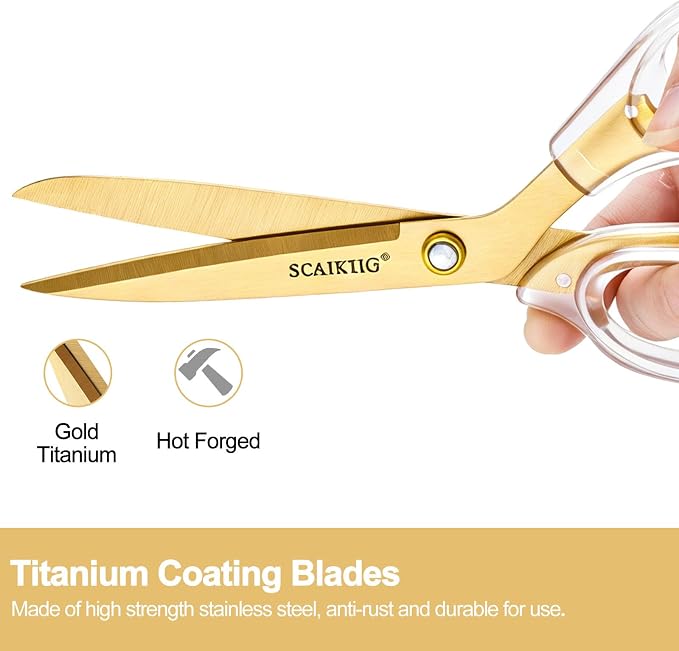 SCAIKTIG 9" Acrylic Scissors, Office Scissors for Desk Gold, Clear Comfort-Grip Handles and Titanium Coated Blades, Sharp Scissors all Purpose Heavy Duty for Sewing, Art, Craft, School, Home Supplies