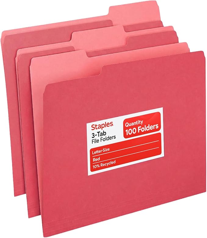 Staples File Folders, Letter Size, 1/3-Cut Tabs, Red, 100/Pack | Durable 10.5-point paper stock for everyday office document filing.