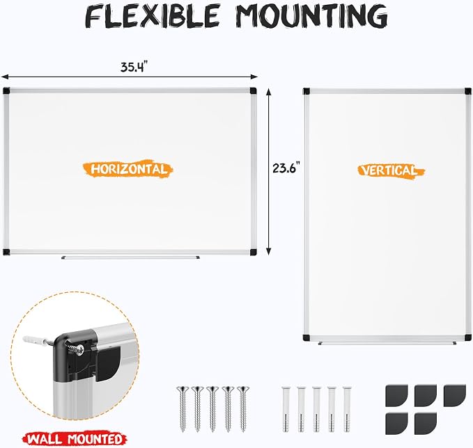 OLIXIS Magnetic White Board, Dry Erase Board for Wall 36" x 24", Whiteboard with 1 Dry Eraser & 2 Multicolor Markers & 4 Magnetic Pins, Aluminium Frame for Home, School, Office, White