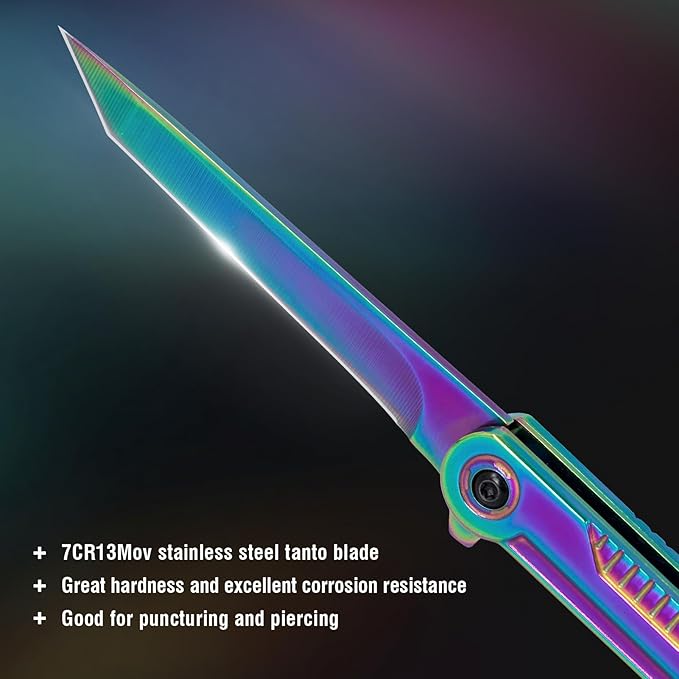 Rainbow Pocket Knife for Men & Women - EDC Folding Knives with Clip, Glass Breaker, Flipper and Liner Lock for Self Defense - Cool Survival Knife for Outdoor Camping