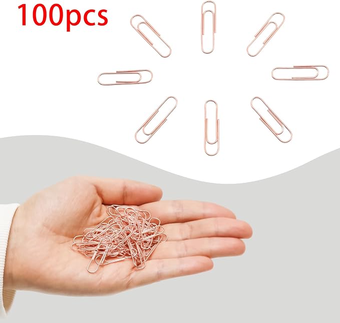 100 Pcs Rose Gold Paper Clips, 1.1 Inch (28mm) Colorful Paperclips | Colored Paper Clips, Rust Proof, for Office, School, DIY, Bookmarks and Document Organization
