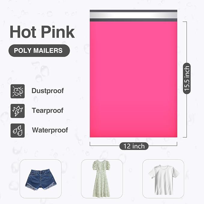 UCGOU Poly Mailers 12x15.5 Inch Hot Pink 100 Pack Medium Shipping Bags | Self Seal Adhesive Waterproof Tear Proof Mailers Poly Bags Strong Mailing Envelopes Packing for Clothes Books Accessories
