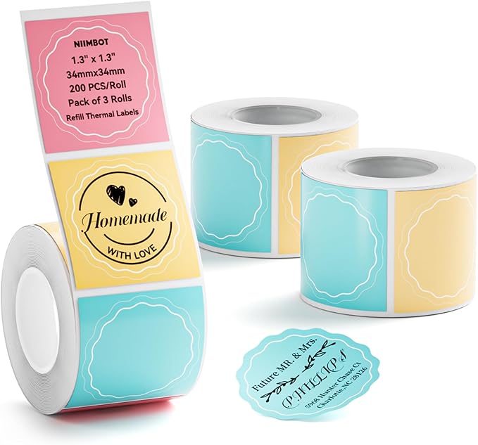 NIIMBOT 3 Rolls Set Label for B1/B21/B3S Label Printer, 1.3'' x 1.3'' (34x34mm),Waterproof Oilproof Tear-Proof, for Daycare/Spice Jar/Address/Logo/Name/Food Container