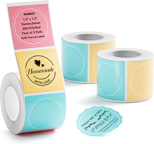 NIIMBOT 3 Rolls Set Label for B1/B21/B3S Label Printer, 1.3'' x 1.3'' (34x34mm),Waterproof Oilproof Tear-Proof, for Daycare/Spice Jar/Address/Logo/Name/Food Container