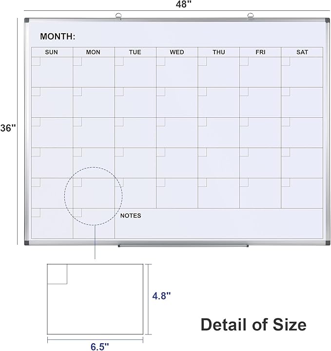 Comix Magnetic Dry Erase Calendar Whiteboard, 48 x 36 Inches Monthly Calendar Dry Erase Board for Wall, Aluminum Frame Planner White Board