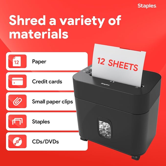 Staples 12-Sheet Micro-Cut Paper Shredder, Compact, High-Security, Black | Shreds credit cards and documents for home or office. Space-saving design.