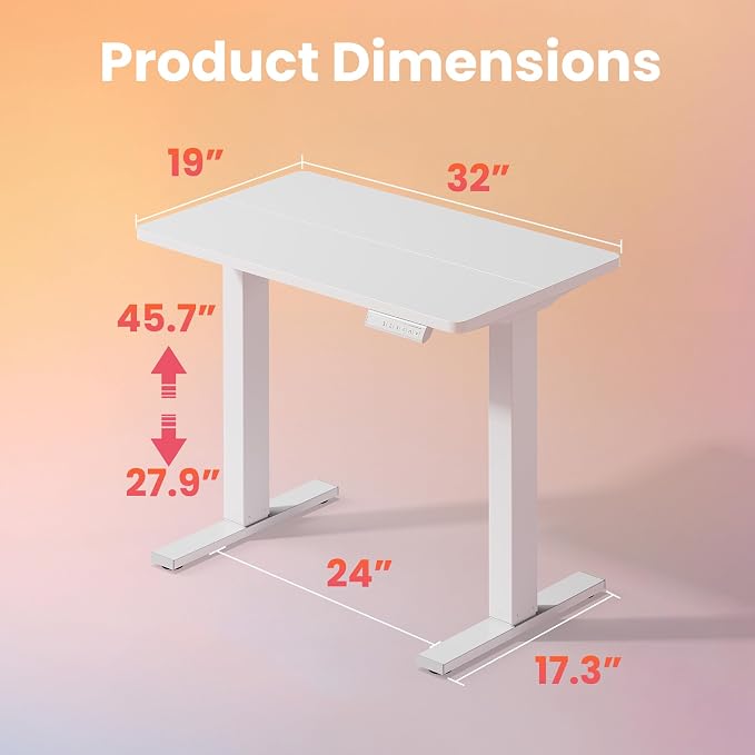 HUANUO 32x19 Inch Small Electric Standing Desk, Adjustable, White | 176 Lbs Capacity, Rounded Corners, Wheel-Ready Feet, Compact Desktop, Apartment Workspace, 28.3–46.5 Inch Height Range