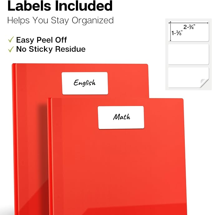 Dunwell Plastic 2-Pocket Folders with 3 Prongs, Red, 2 Pack, Poly | Cleanable, Tear-Resistant Acid-Free Poly, 3-Clasp Document Holder, Labels Included