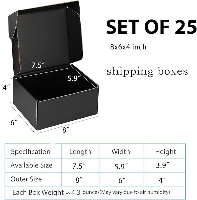 Small Shipping Boxes 8x6x4 Inch (25 Pack) - Sturdy Black Corrugated Cardboard Boxes for Small Business, Ecommerce, Mailing & Packaging | Recyclable Gift & Storage Boxes