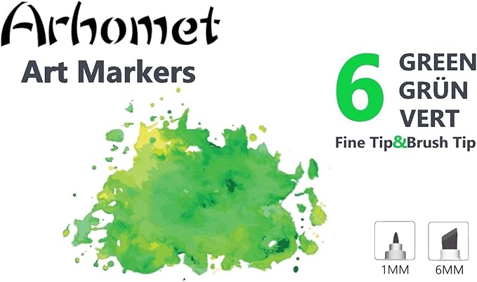 Arhomet 6pcs Green Forest Trees Grass Colors Alcohol Markers Set, Dual Tips Art Markers Drawing Sketched Double Tipped for Adults Beginner Artists (Green)
