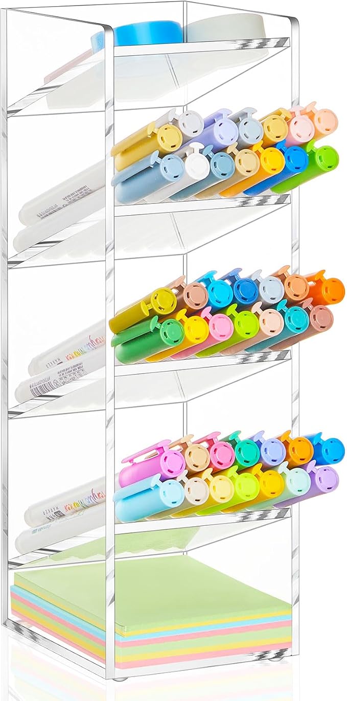 MotiMind Acrylic Pen Organizer Storage for 50 Markers Vertical Marker Organizer Acrylic Pen Display Holder for Office Desk Desktop Stationery Pencil Storage, Clear, 3.4 x 4 x 10.2 Inch