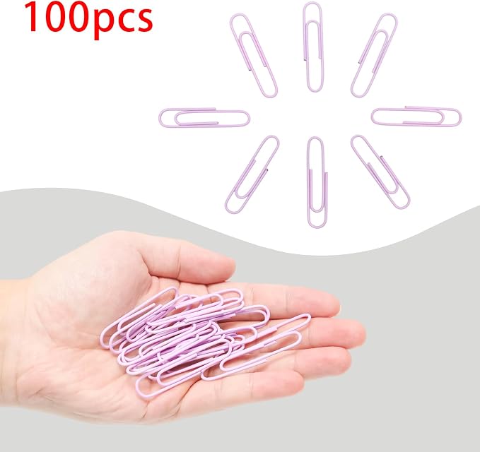 100 Pcs Purple Paper Clips, 2 Inch (50mm) Colorful Paperclips | Vinyl Coated, Colored Jumbo Paper Clips, Rust Proof, for Office, School, DIY, Bookmarks and Document Organization