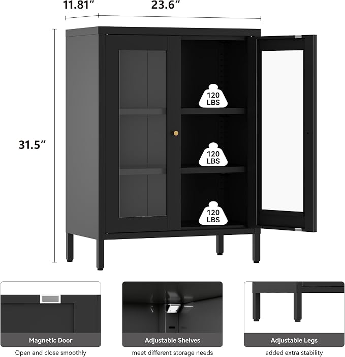 YAUWOH Metal Bathroom Cabinet with Glass Doors,Bathroom Floor Storage Cabinet with 2 Adjustable Shelves & 2 Doors, Sideboard for Small Spaces, Living Room, Dining Room, Home Office
