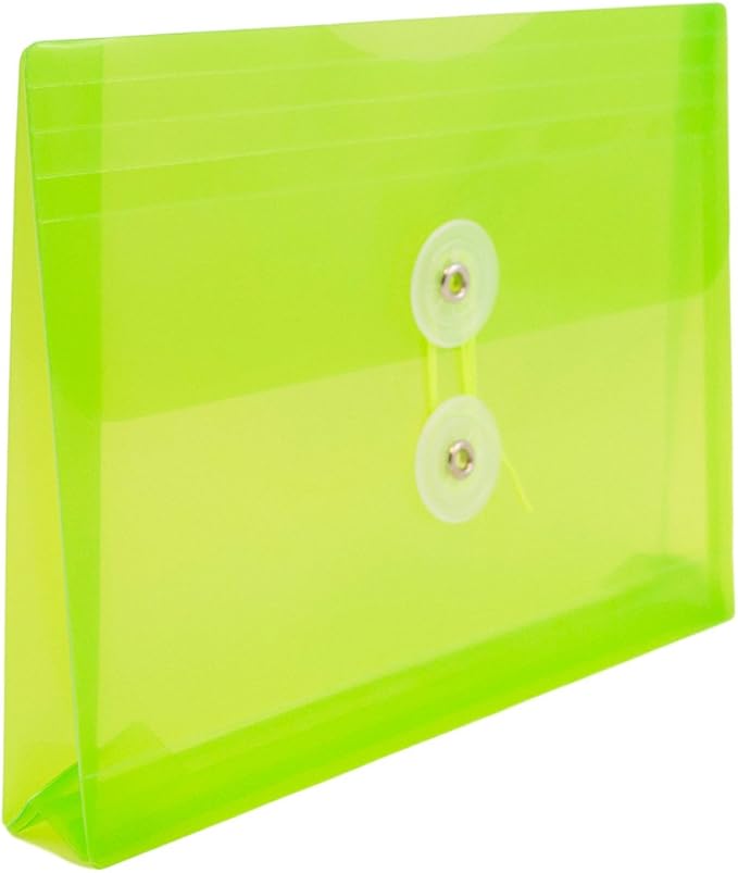 JAM PAPER Plastic Envelopes with Button & String Tie Closure - Index Size - 5 1/2 x 7 1/2 - Lime Green - 12/Pack