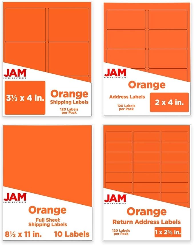 JAM PAPER Shipping & Mailing Address Labels - Multi Size Assortment - Orange - 370/Pack