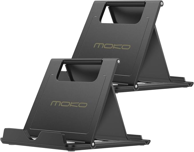 Moko 2 Pack Cell Phone Stand for Desk, Tablet Stand for 4"-11" Devices | Ultra-light, compact foldable design, fits iPhone, iPad, Galaxy & e-readers, 6 adjustable angles, portrait/landscape viewing