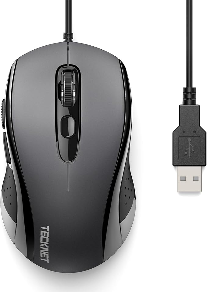 TECKNET USB-A Wired Mouse for Laptop Computer with 6-Button,Home and Office 5FT Corded Mouse, 3600DPI Ergo-Optic Shape PC Mouse Wired for Chromebook,PC,Desktop,Notebook- Grey