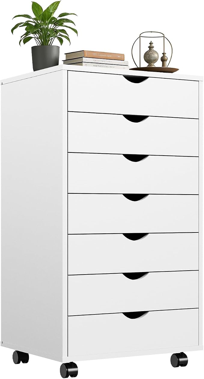 7 Drawer Mobile File Cabinet, Printer Stand with Wheels | Wood Under Desk Storage Cabinet, Rolling Printer Cart, Vertical Filing Chest for Small Space, Home Office, Living Room, White