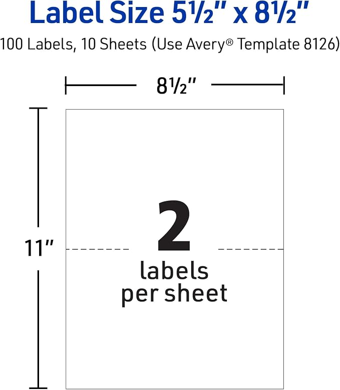 Avery Half-Sheet Printable Shipping Labels, 5.5" x 8.5" Customizable Stickers, White, 50 per Pack, 100 Blank Mailing Labels, Great for Mailing, Shipping, Organizing, and More,8126, 2 Count (Pack of 4)