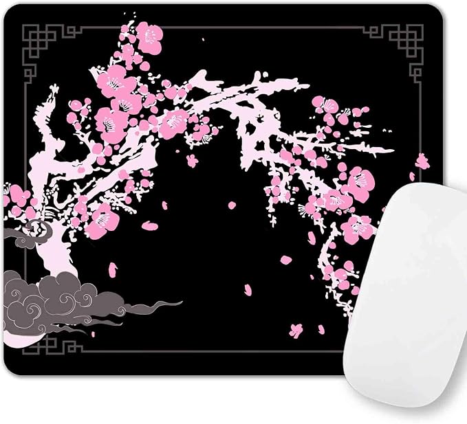 Japanese Aesthetic Mouse Pad, Pink Cherry Blossom Mousepad, Black Cute Small Mouse Mat for Work, Game, Office, Home, Computer Accessories - Japan Sakura Flowers Art, 9.5" x 7.9"