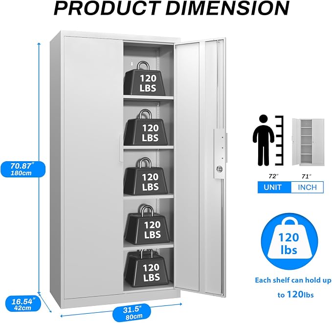 Tall Steel Garage Storage Cabinet with Lock, 71" H Heavy Duty Metal Storage Locker with 4 Adjustable Shelves for Home, Office, White