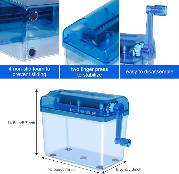 JIKIOU Mini Hand Shredder Portable Paper Shredder for Office Home Blue | Affordable, Non-slip, Information High Security, Desktop Size, 1L Clear Plastic Window, No Power and Easy to Use for Gift