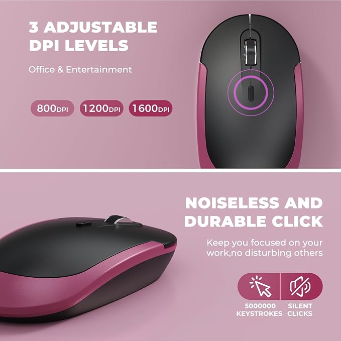 Vssoplor Wireless Keyboard and Mouse, Rechargeable Ultra Slim, Wine Red | Quiet Full-Size Keyboard and Mouse Combo Set, for Laptop, PC, Notebook, Desktop, 2.4GHz Stable Connection, Ideal for Office