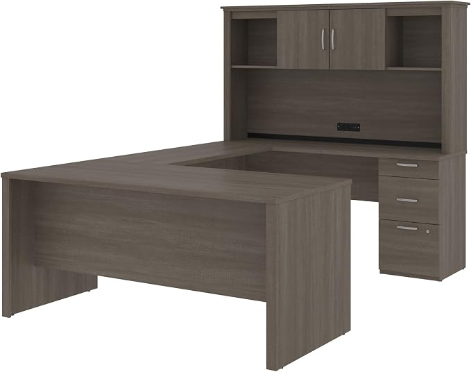 Bestar U or L Shaped Desk with Hutch and Drawers, Bark Grey, Logan, 66W | With Drawers and Hutch; The Bestar Logan U or L Shaped Desk with Drawers and Hutch offers a customizable solution