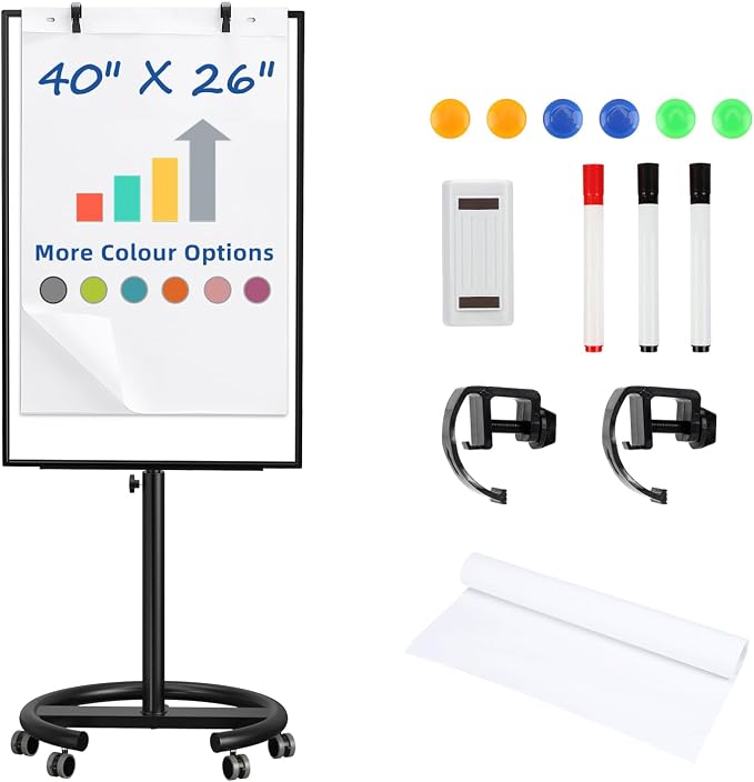 Mobile Whiteboard 40x26 Inches White Board Dry Erase Board on Wheels | Height Adjustable, Magnetic Surface, Dry Erase, With Stand, Ideal for Classroom, Office, School, Home, Homeschooling, Teacher