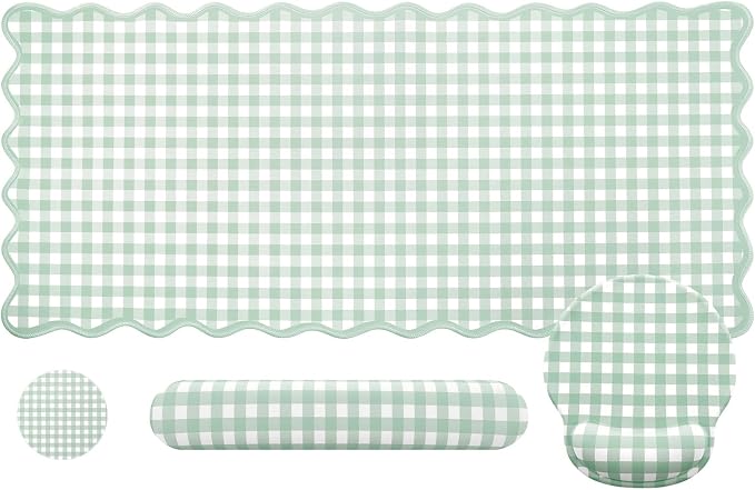 Green Gingham Desk Mat Set with Wrist Rest, Ergonomic Design, Scalloped Edge Keyboard Mouse Pad Set Large 35.4x15.7 Inch, Memory Foam Wrist Support, Non-Slip Desk Pad Home Office Decor