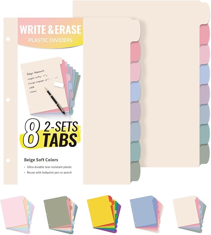 Sooez 8 Tabs Plastic Write & Erase Binder Dividers with Tabs, 2 Sets | Long-Lasting Dividers for 3 Ring Binder, Cute Pastels Binder Dividers Organizers for Student, Teacher, Office, Beige Color