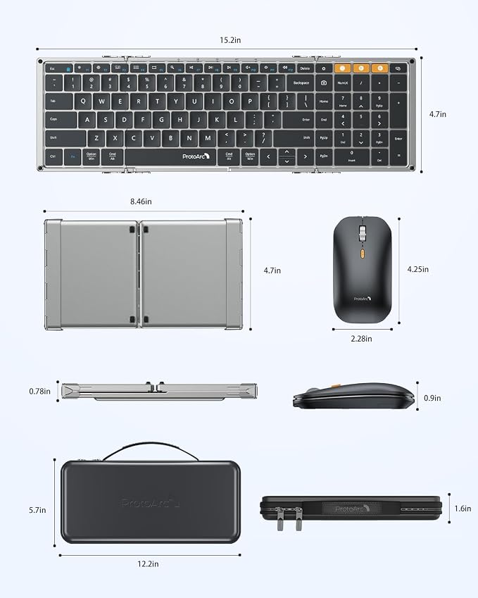 ProtoArc XKM01 Full-Size Foldable Keyboard Mouse Combo for Travel, Gray | 105-key keyboard, slim mouse, hard case and phone stand, 3-device Bluetooth & 2.4G switching, for travel office use